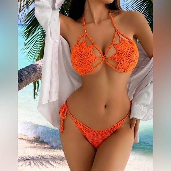 Brazilian Sunset Bohemian Crochet Side Tie Halter Bikini Swimsuit Two-Piece Set. - Picture 1 of 8